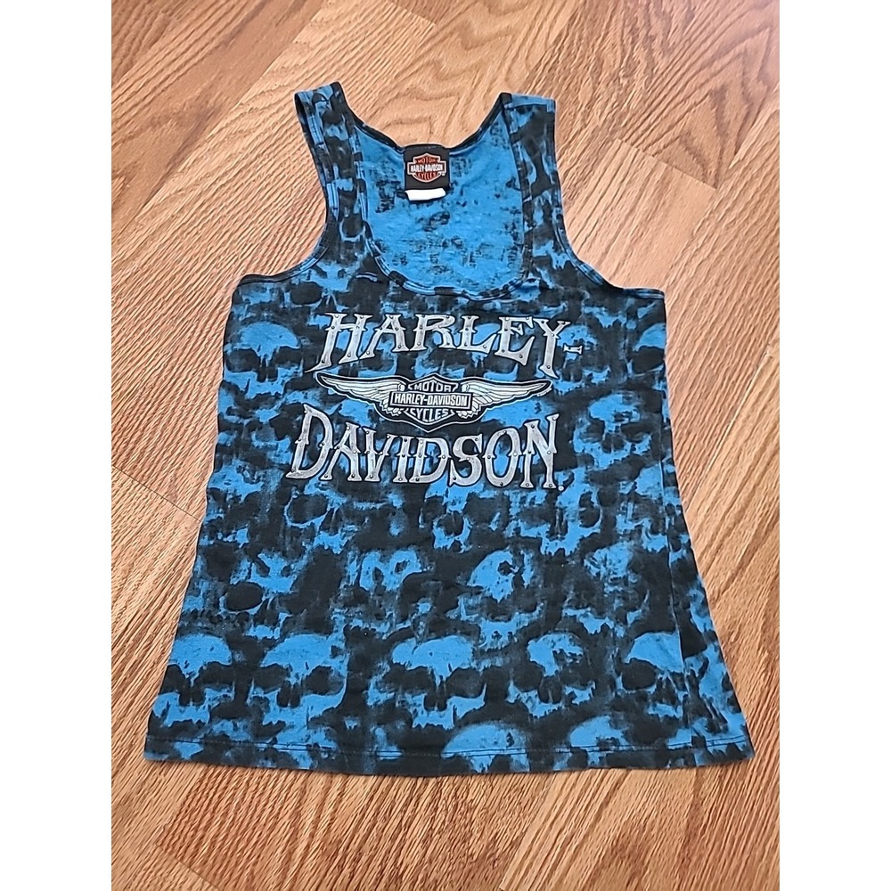 2013 Y2K Harley Davidson Women's Small Skull Print Blue Studded Tank‎ Top